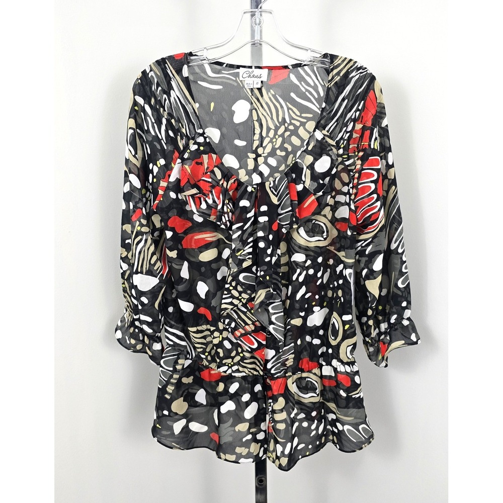 Chaus Ruffle Sheer Print Multicolor‎ 3/4 Sleeve Top Multicolor 10
